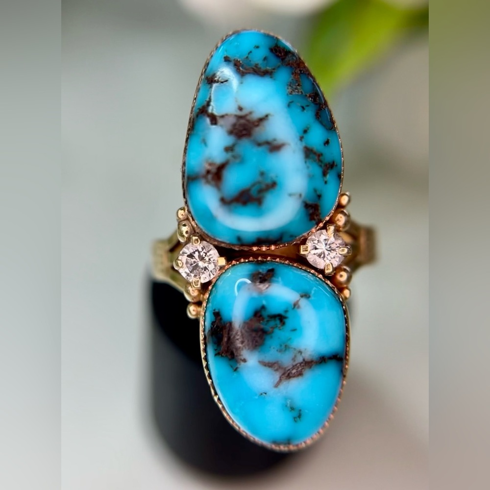 Vintage 14k Yellow Gold Turquoise Diamond Ring - Picture 12 of 15